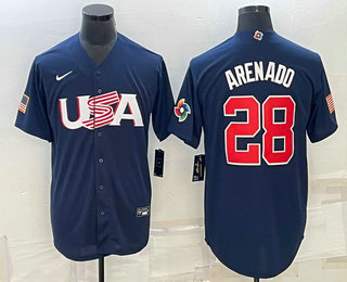 Men%27s USA Baseball #28 Nolan Arenado 2023 Navy World Baseball Classic Stitched Jersey